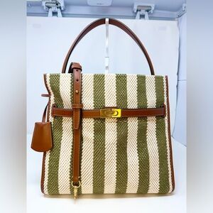 Tory Burch Lee Radziwill Double Bag Striped Canvas Leather Satchel